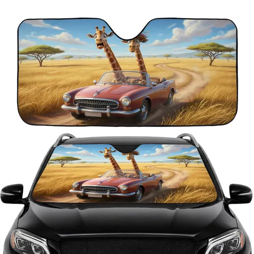 Panicked & Spectacled Giraffes Driving Convertible Car Savanna - Wildlife Lover Gift Car Sunshade