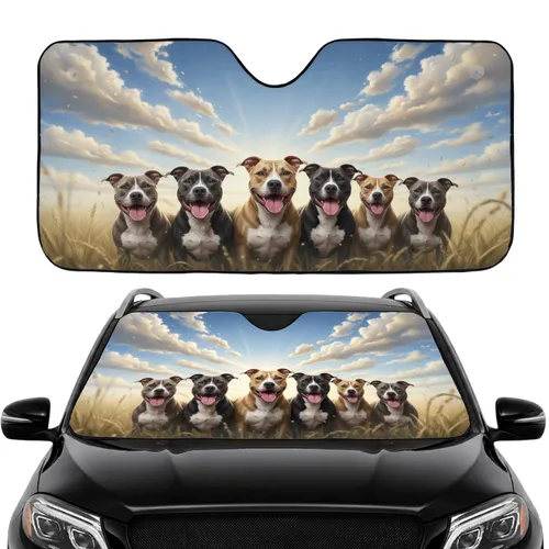 Six Smiling Pit Bull Terriers Outdoor Sun-Kissed Grass Sky - Dog Lover Gift Car Sunshade