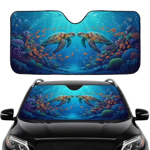 Majestic Sea Turtles Noses Touching Vibrant Coral Reef Tropical Fish - Marine Life Gift Car Sunshade