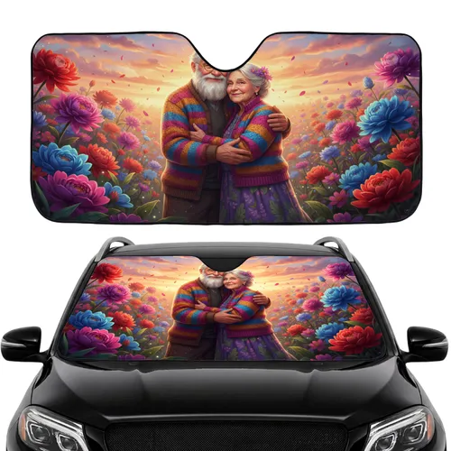 Elderly Couple Embracing Fantastical Flowers - Decor Gift for Grandparents Car Sunshade