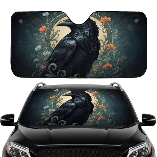Black Raven Swirling Botanical Orange Gold Teal Flowers - Nature Lover Gift for Bird Lover Car Sunshade