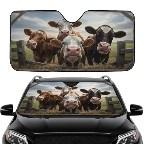 Curious Farm Cows Rustic Setting - Farmhouse Decor Gift for Cow Lover Car Sunshade