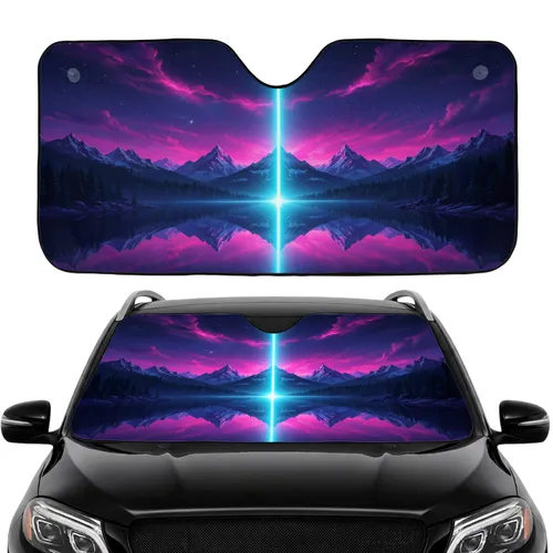 Neon Cyan Beam Cosmic Night Sky Reflective Lake Mountain Forest - Space Lover Travel Essentials Car Sunshade
