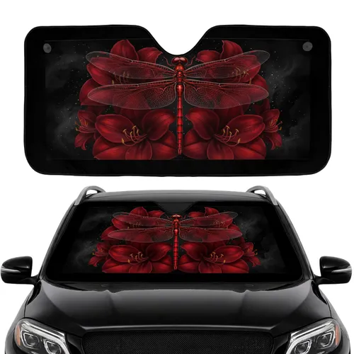 Red Dragonfly and Crimson Amaryllis Flowers over Black Cosmic Void - Wildlife Lover Gift Car Sunshade
