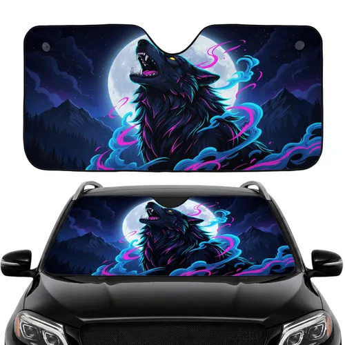 Black Wolf Neon Streaks Luminous Moon - Night Drive Gift Car Sunshade