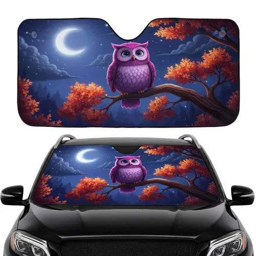 Purple Owl Autumn Leaves Crescent Moon Forest - Wildlife Lover Gift Car Sunshade