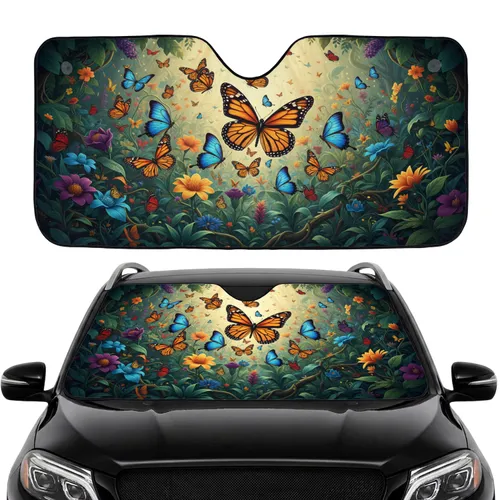 Monarch Blue Butterflies Lush Green Foliage Flowers - Wildlife Lover Gift Car Sunshade