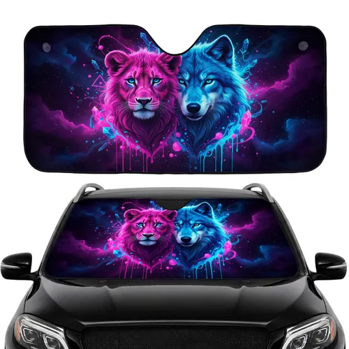 Majestic Electric Pink Lion Cub Electric Blue Wolf Duo - Deep Space Wildlife Gift Car Sunshade