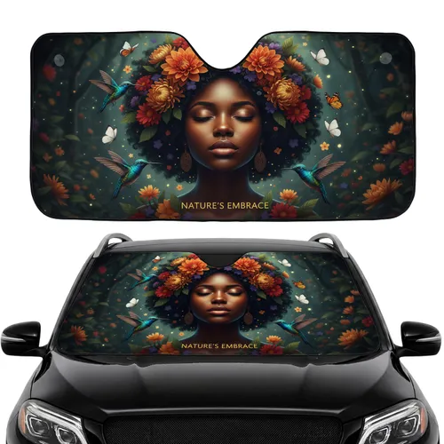 Meditative Black Woman Floral Crown Hummingbird - Nature Lover Gift Car Sunshade