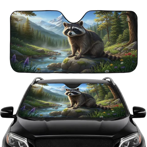 Raccoon Wildflower Mountain Stream - Wildlife Lover Gift Car Sunshade