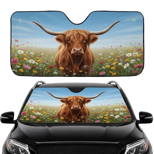 Highland Cow Wildflower Meadow - Farmhouse Decor Gift for Cow Lover Car Sunshade
