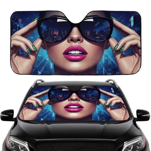 Glamorous Woman Face, Sleek Black Sunglasses, Urban Cityscape - Auto Decor Gift Car Sunshade