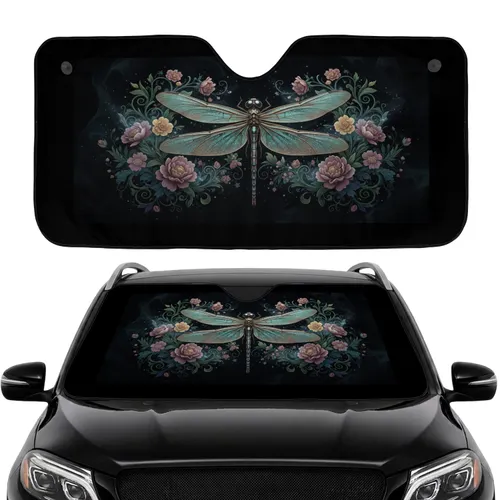 Dragonfly Ornate Flowers Foliage Branches Speckles - Decor Gift for Wildlife Lover Car Sunshade