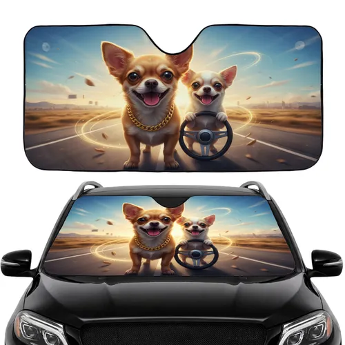 Chihuahua Dogs Gold Chain Highway Driving - Dog Lover Car Decor Gift Car Sunshade