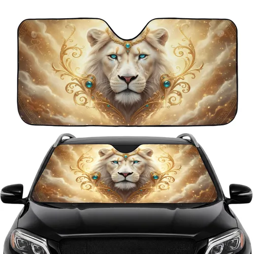 White Lion Golden Filigree Aqua Eyes - Enchanted Realm Decor Gift Car Sunshade
