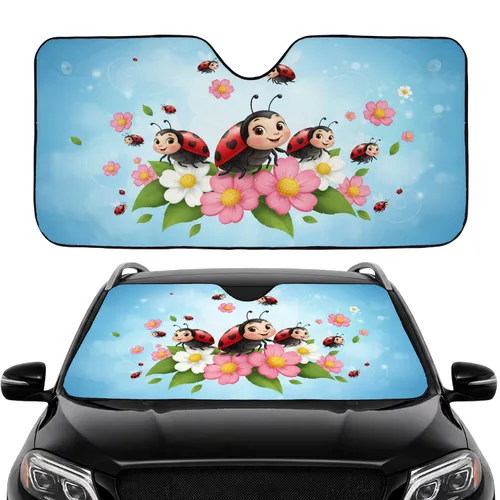 Heart Spot Ladybugs Flying Flowers Green Leaves Sky - Garden Decor Gift for Nature Lovers Car Sunshade