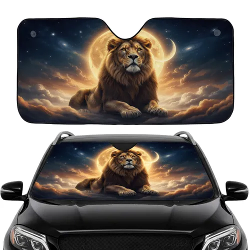 Regal Lion Golden Moon Stars Swirling Clouds Cosmic Night Sky - Wildlife Lover Gift Car Sunshade