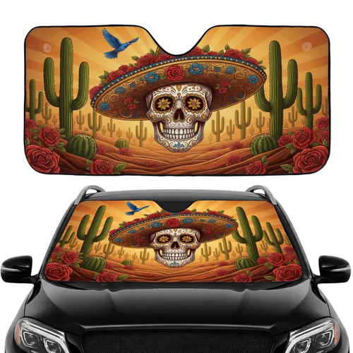 Sugar Skull Sombrero Red Roses Saguaro Desert - Dia de los Muertos Holiday Gift Car Sunshade