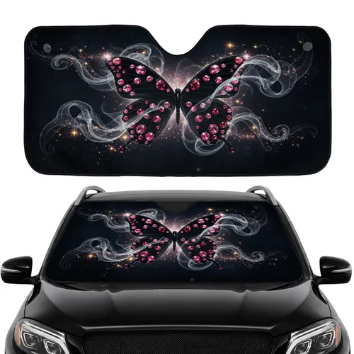 Pink Ruby Gemstone Black Butterfly Golden Starbursts - Wildlife Lover Gift Car Sunshade