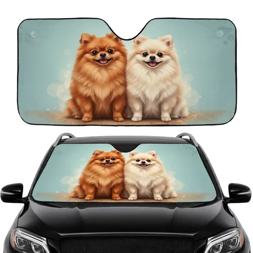 Fluffy Pomeranian Dog Couple Side-by-Side Warm Wood - Gift for Dog Lovers Car Sunshade