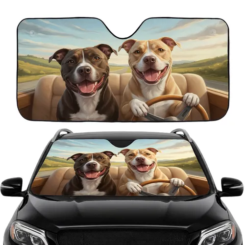 Happy Pit Bulls Road Trip - Dog Lover Travel Essentials Car Sunshade