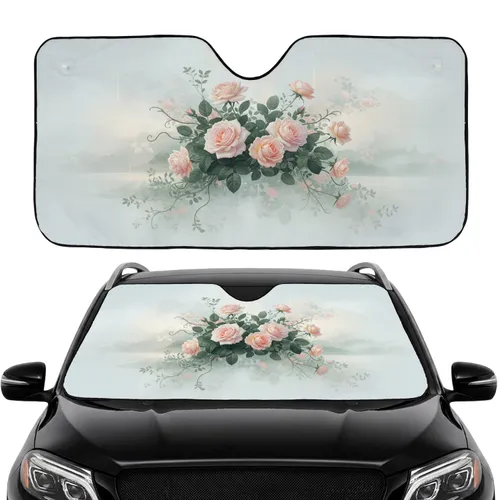 Botanical Light Pink Peach Roses Foliage Misty Landscape Car Sunshade