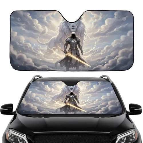 Ethereal White Lion, Armored Figure Golden Sword - Epic Fantasy Fan Gift for Adventure Lovers Car Sunshade