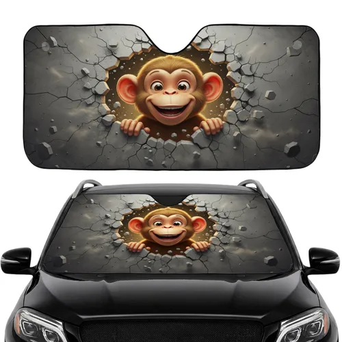 Cheerful Wide-Eyed Monkey Gripping Fractured Concrete Wall Car Sunshade