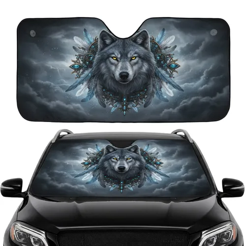 Majestic Wolf Head Tribal Fantasy Gemstone Feathers - Wildlife Lover Car Decor Gift Car Sunshade