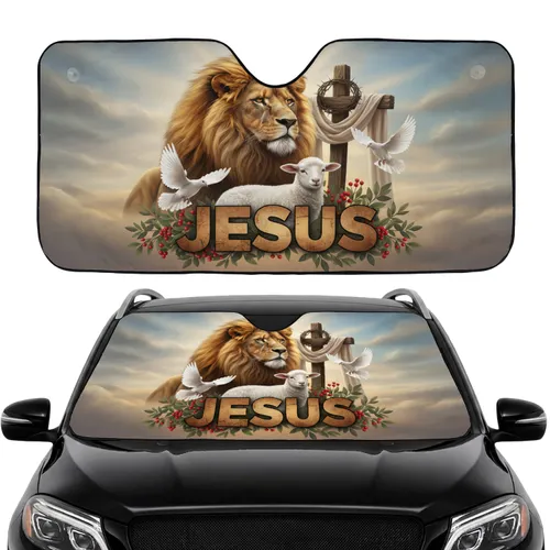 Lion Lamb Cross Crown Thorns JESUS - Christian Decor Gift Car Sunshade