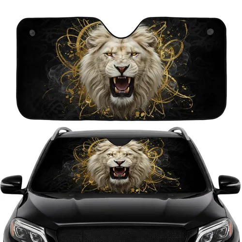 Majestic Roaring White Lion Head Gold Accents - Powerful Wildlife Car Accessory Car Sunshade