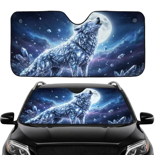 Iridescent Crystal Wolf Howling Cosmic Full Moon - Wildlife Lover Gift Car Sunshade
