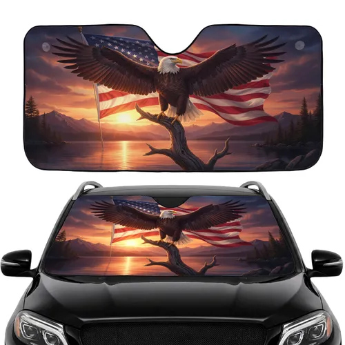 Bald Eagle American Flag Sunset Lake - Patriotic Gift for Veterans Car Sunshade