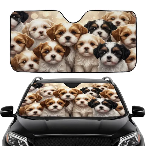 Fluffy Shih Tzu Puppies with Expressive Eyes - Dog Lover Gift for Shih Tzu Owners Car Sunshade