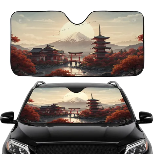 Mount Fuji Japanese Shrine Pagoda Torii Gate Rising Sun Autumn Scene Car Sunshade