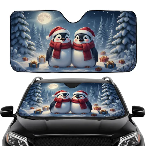 Emperor Penguins Santa Hats Snowy Forest Gift Boxes - Christmas Holiday Gift Car Sunshade