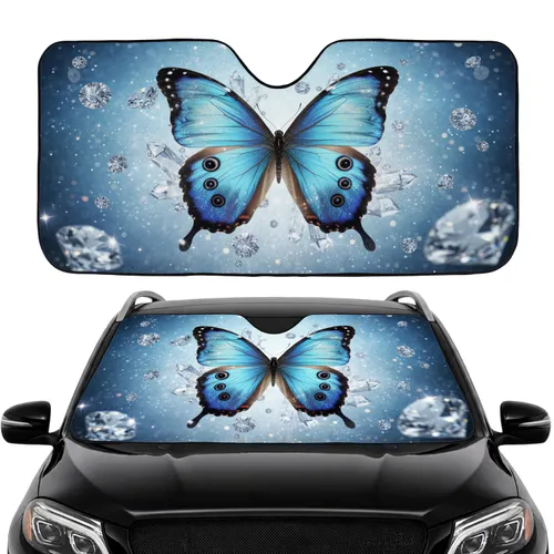 Iridescent Blue Morpho Butterfly with Diamonds and Crystals - Wildlife Lover Gift Car Sunshade