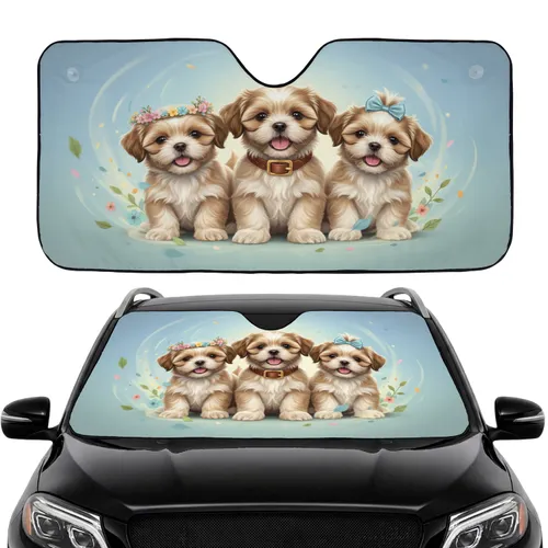 Shih Tzu Puppies Floral Crown Collar Bow - Dog Lover Car Decor Gift Car Sunshade