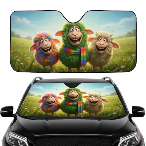 Three Goofy Sheep Colorful Rainbow Scarf Wildflower Meadow - Animal Lover Gift Car Sunshade