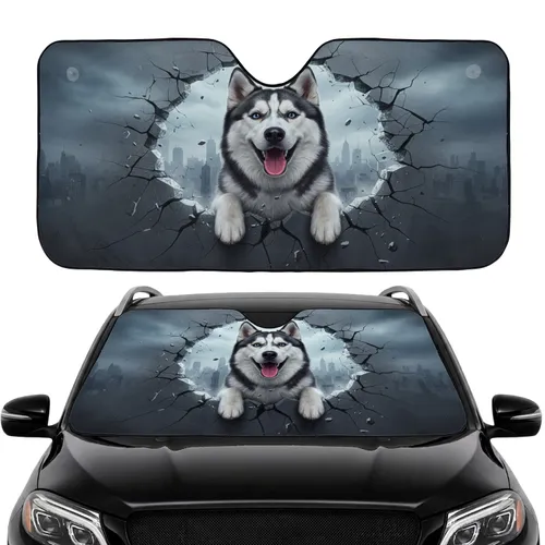 Joyful Siberian Husky Dog Cracked Stone City Skyline - Dog Lover Gift Car Sunshade