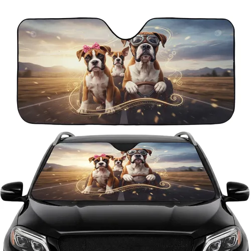 Road Trip Boxer Dogs with Puppy and Aviator Goggles - Adventure Travel Essentials Gift Car Sunshade