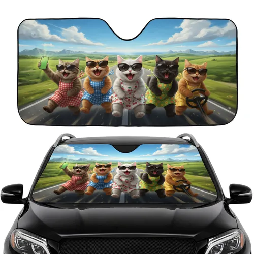 Joyful Cats Driving Open Road Adventure - Road Trip Essentials Cat Lover Gift Car Sunshade
