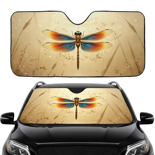 Blue Orange Dragonflies Golden Ghost Misty Background - Floral Dew Drop Nature Gift Car Sunshade