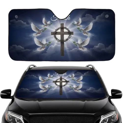 Faith Word Wooden Cross Doves Olive Branch - Spiritual Lifestyle Gift Car Sunshade