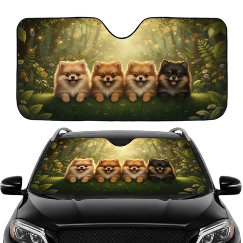 Fluffy Pomeranian Puppies Forest Garden Sunlight - Puppy Lover Gift Car Sunshade