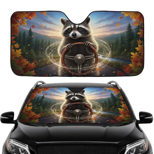 Raccoon Wooden Steering Wheel Autumn Forest Twilight Sky - Raccoon Lover Gift Car Sunshade