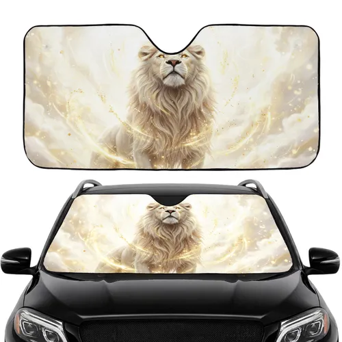 Majestic White Lion Golden Energy Swirls Luminous White Background - Wildlife Lover Gift Car Sunshade