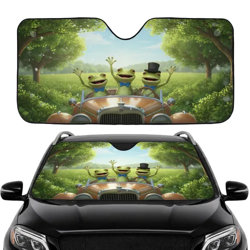 Smiling Green Frogs Vintage Open-Top Vehicle - Road Trip Gift for Nature Lover Car Sunshade