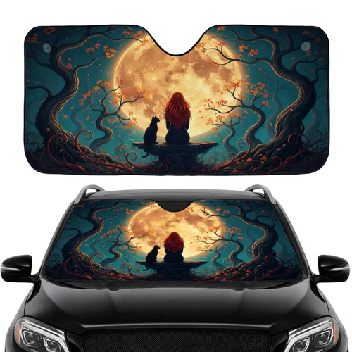Silhouetted Woman Black Cat Moonlit Night - Night Sky Lover Gift for Cat Lover Car Sunshade