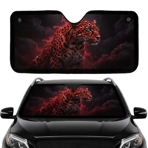 Majestic Red Leopard Profile Pose Electric Blue Eyes Crimson Smoke - Wildlife Lover Gift Car Sunshade